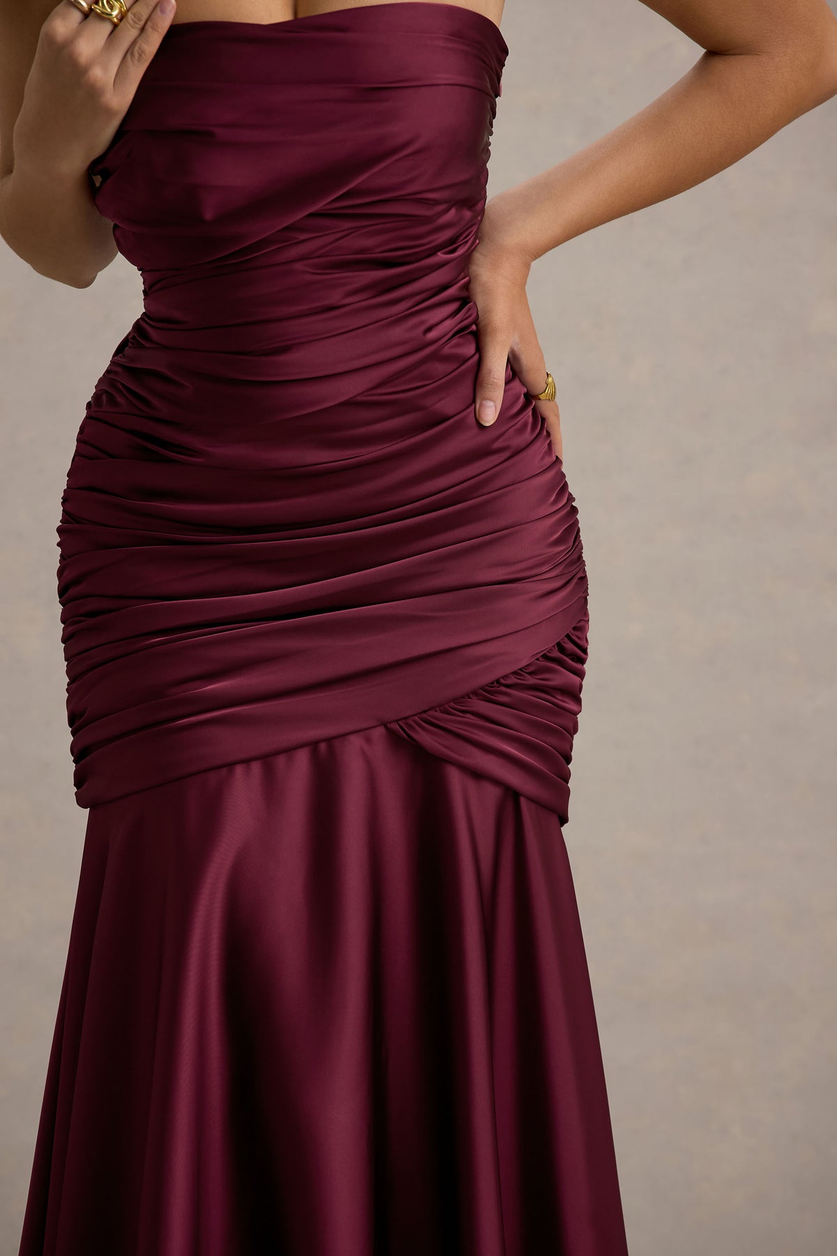 Cassidy Burgundy Satin Bandeau Gathered Maxi Dress Club L London - USA Cassidy Burgundy Satin Bandeau Gathered Maxi Dress Club L London - USA