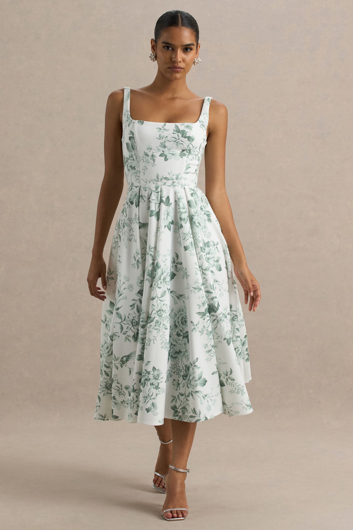 Lissa | Green Porcelain Print Square-Neck Midi Dress