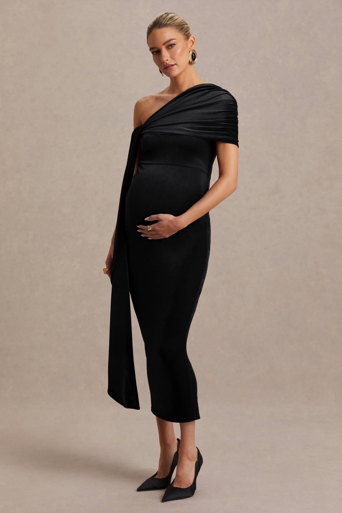 Zena Black Velvet Asymmetric-Neck Maternity Midi Dress With Knot And Club L London - USA Zena Black Velvet Asymmetric-Neck Maternity Midi Dress With Knot And Club L London - USA