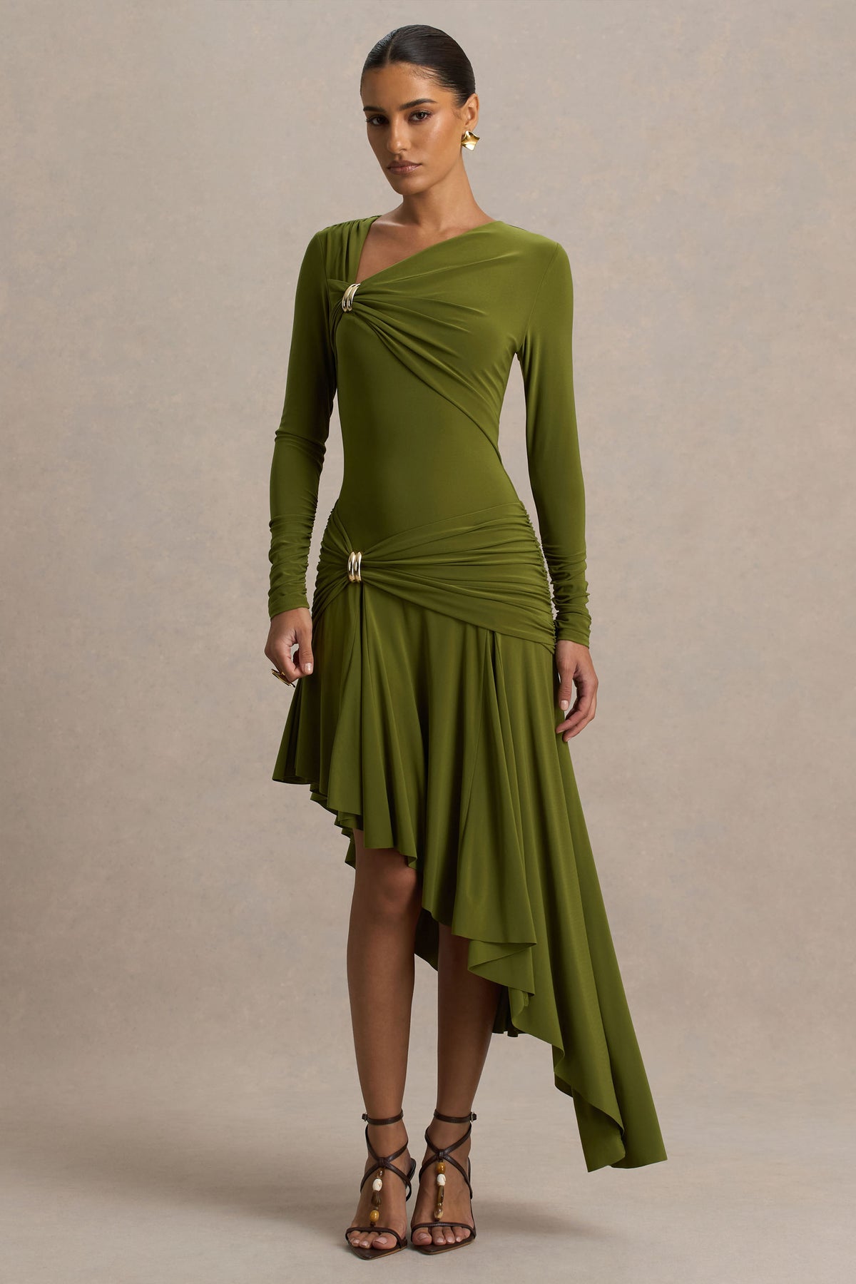 Alexia | Green Asymmetric-Neck Maxi Dress With Gold-Details - UK 14 MOSS Green Alexia | Green Asymmetric-Neck Maxi Dress With Gold-Details - UK 14 MOSS Green