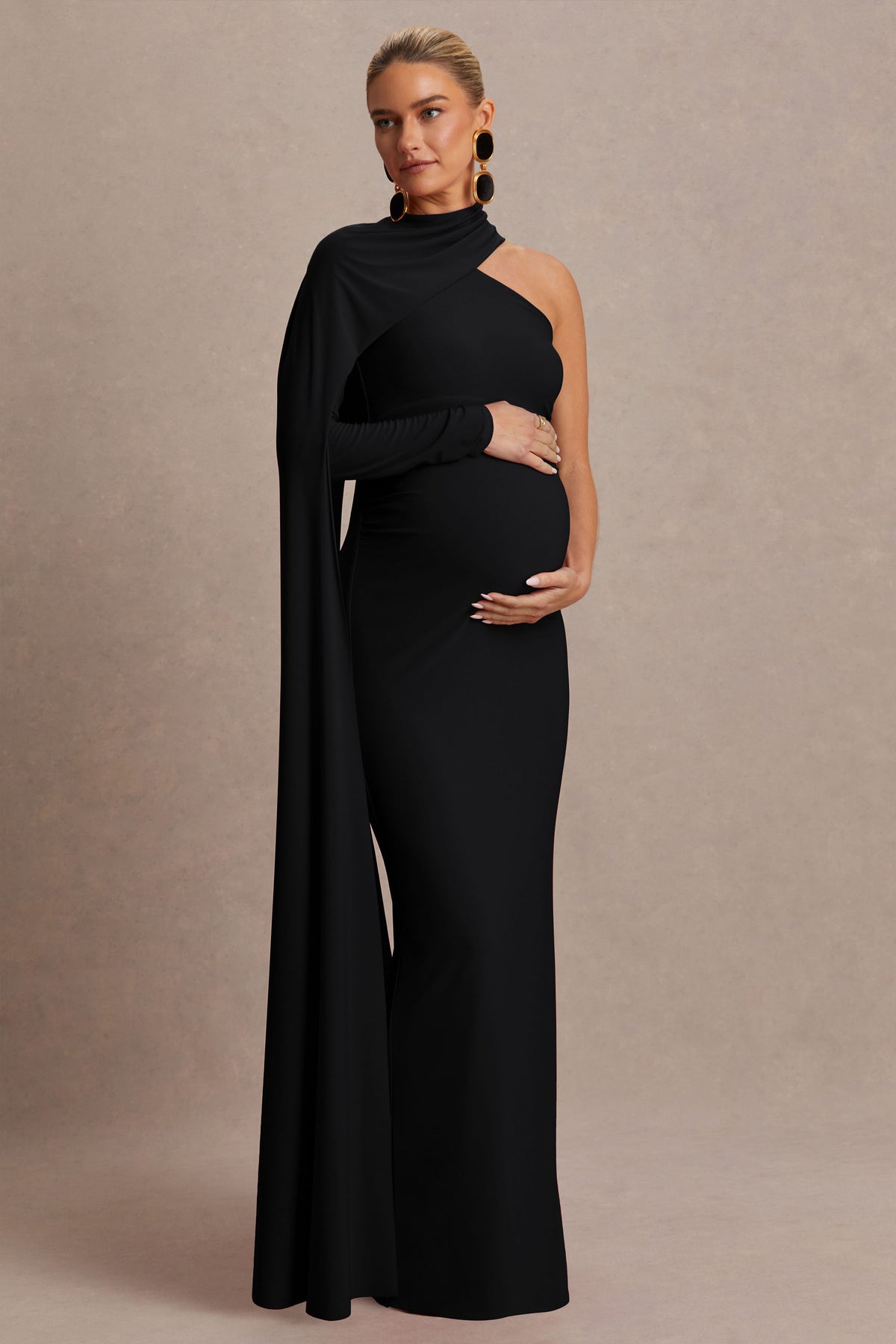 Tessy | Black Asymmetric-Neck Maternity Maxi Dress With Cape-Sleeve - UK 16 Black Tessy | Black Asymmetric-Neck Maternity Maxi Dress With Cape-Sleeve - UK 16 Black