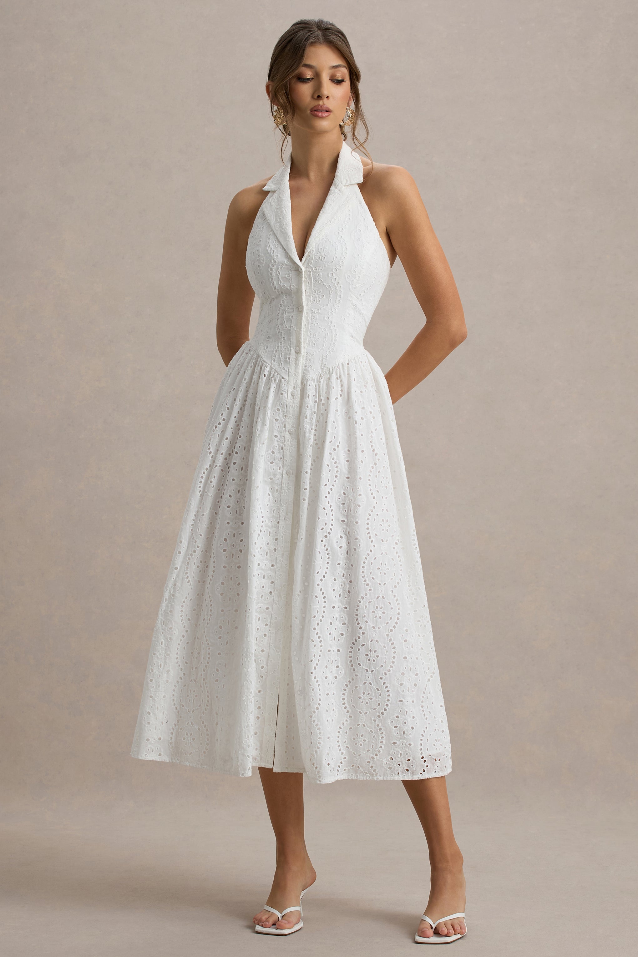 Jezebel | White Lace Plunge-Neck Collared Midi Dress – Club L