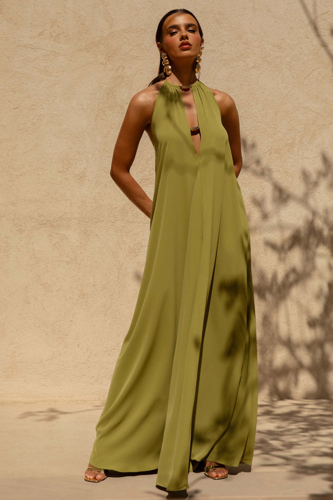 Zyon Green High-Neck Maxi Dress with Cut-Out Details – Club