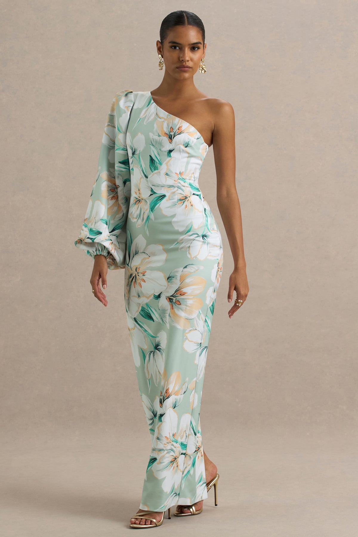 Kellis Green Floral Print Asymmetric Maxi Dress With Balloon Sleeve Club L London - USA Kellis Green Floral Print Asymmetric Maxi Dress With Balloon Sleeve Club L London - USA