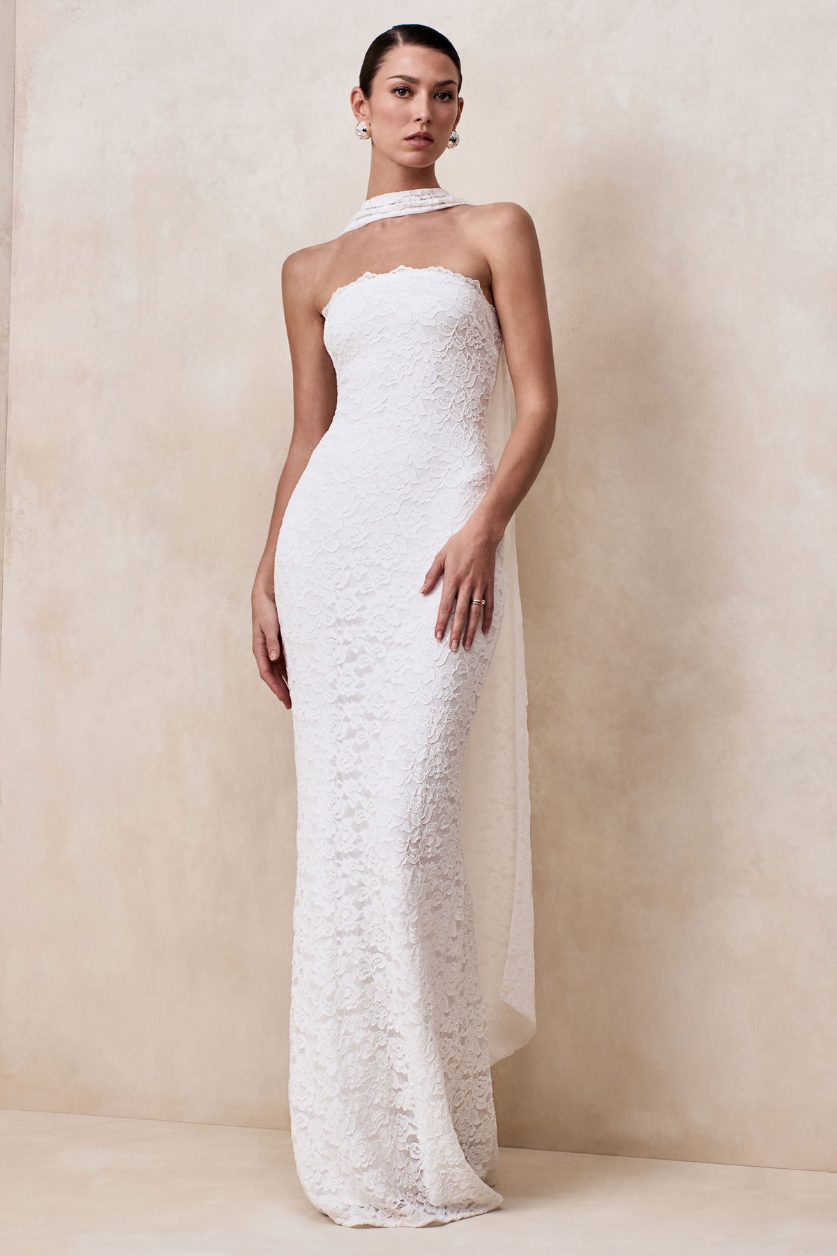 Massima White Lace Bandeau Maxi Dress With Scarf-Detail Club L London - USA Massima White Lace Bandeau Maxi Dress With Scarf-Detail Club L London - USA