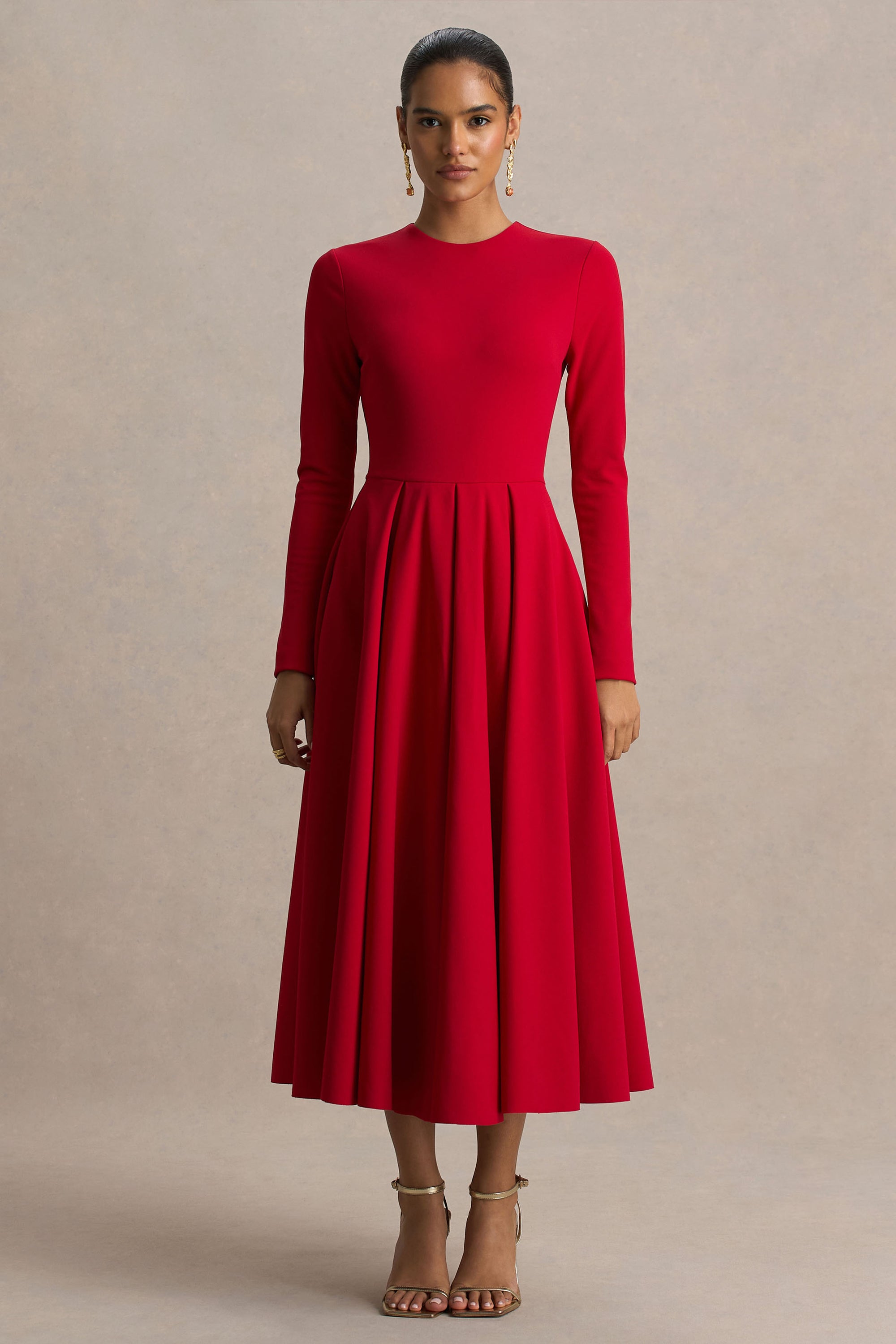 red holiday dress long sleeve On Holiday Long Sleeve Flared Dress in Red