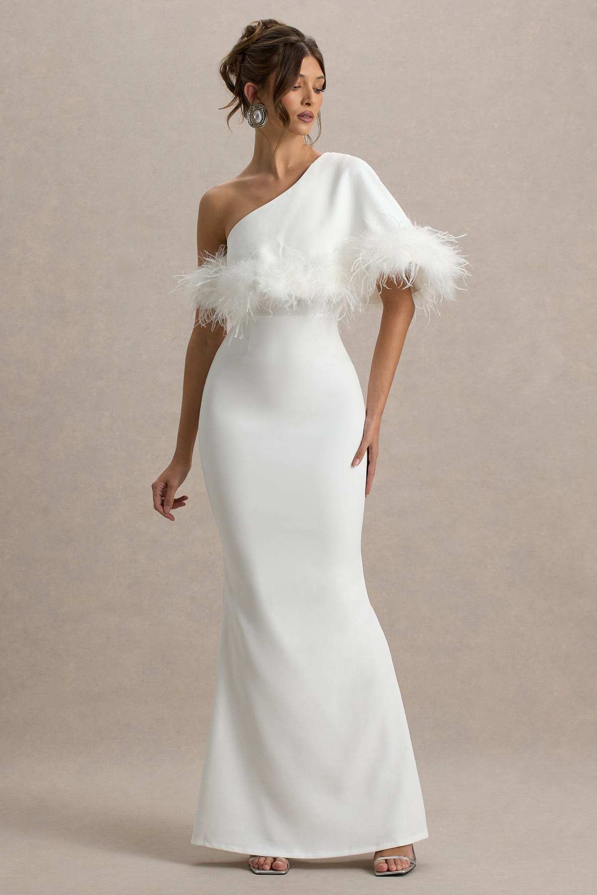 Valor White Asymmetric Maxi Dress With Feather Trim Club L London - USA Valor White Asymmetric Maxi Dress With Feather Trim Club L London - USA