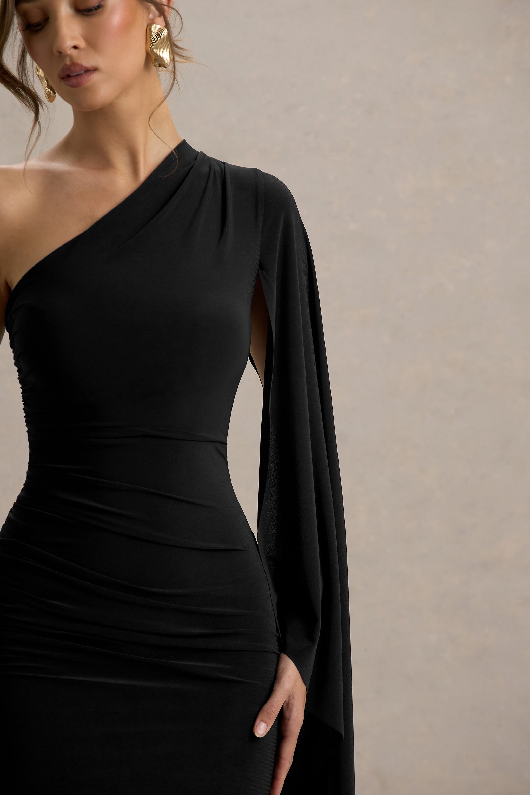 Clementina | Black Asymmetric Cape Sleeve Maxi Dress – Club L