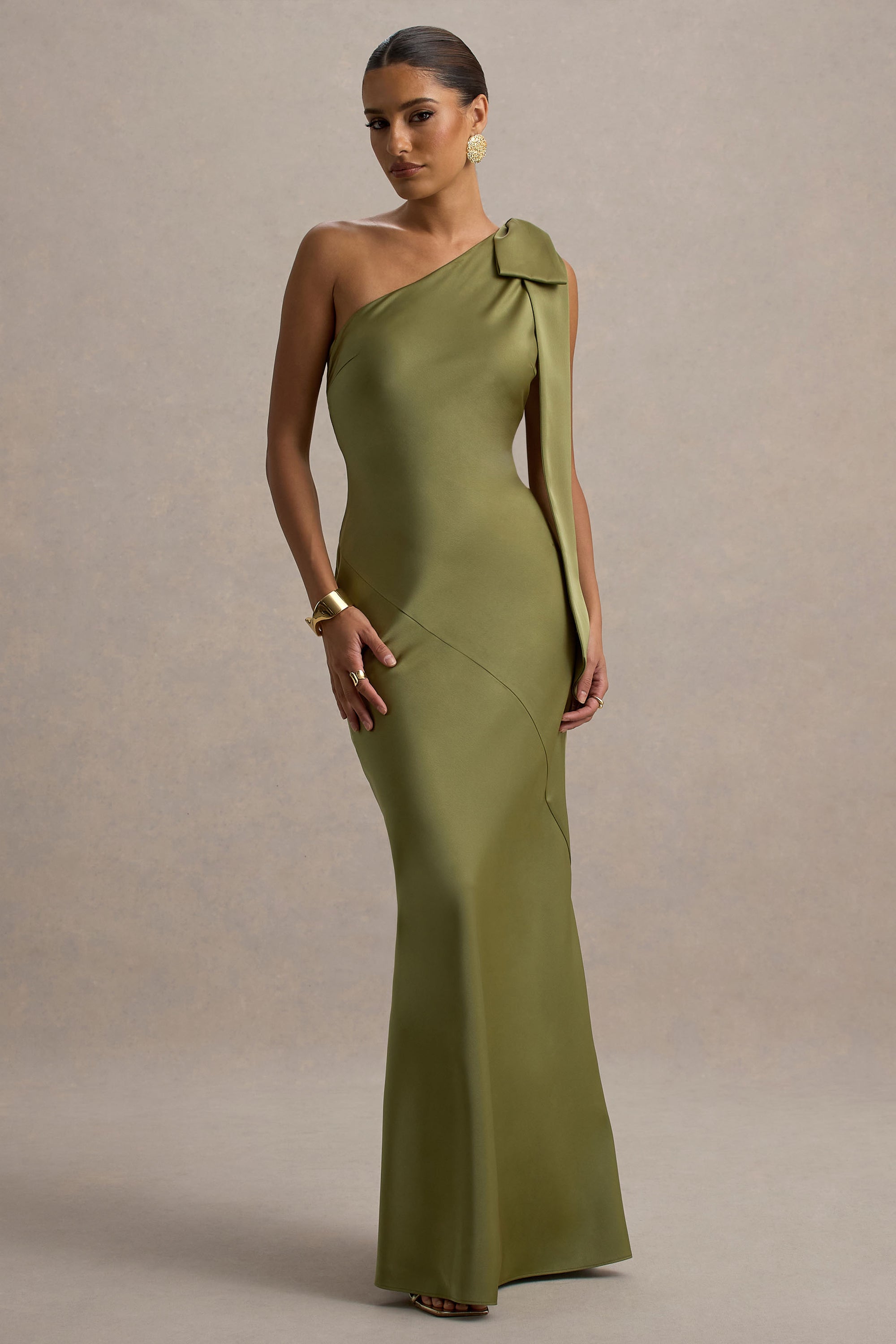 Here For Love | Khaki Satin Asymmetric Maxi Dress With Bow – Club L London