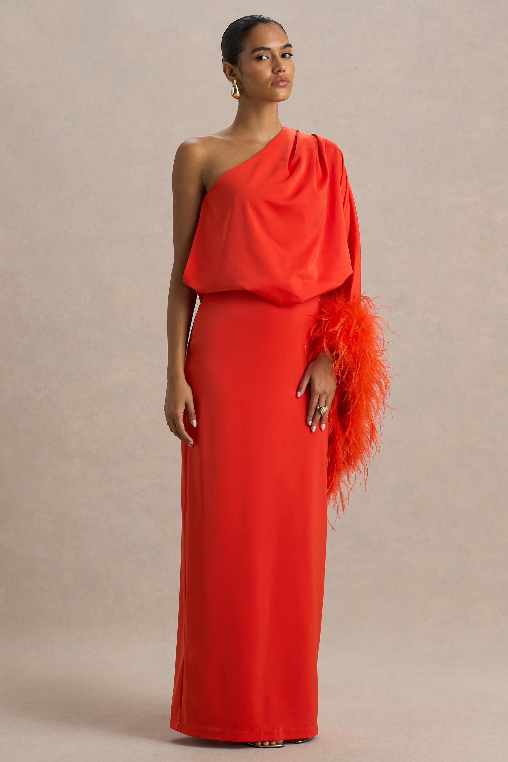 Felicity | Orange Satin Asymmetric-Neck Maxi Dress With Feather