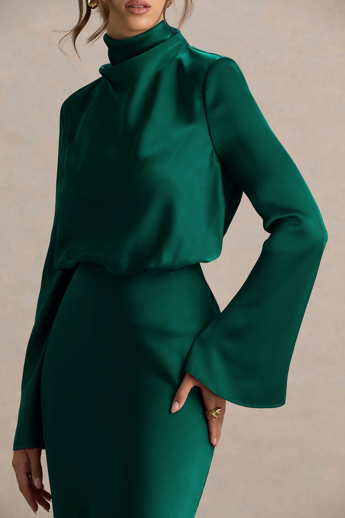 Celina Bottle Green Satin High-Neck Maxi Dress Club L London - USA Celina Bottle Green Satin High-Neck Maxi Dress Club L London - USA