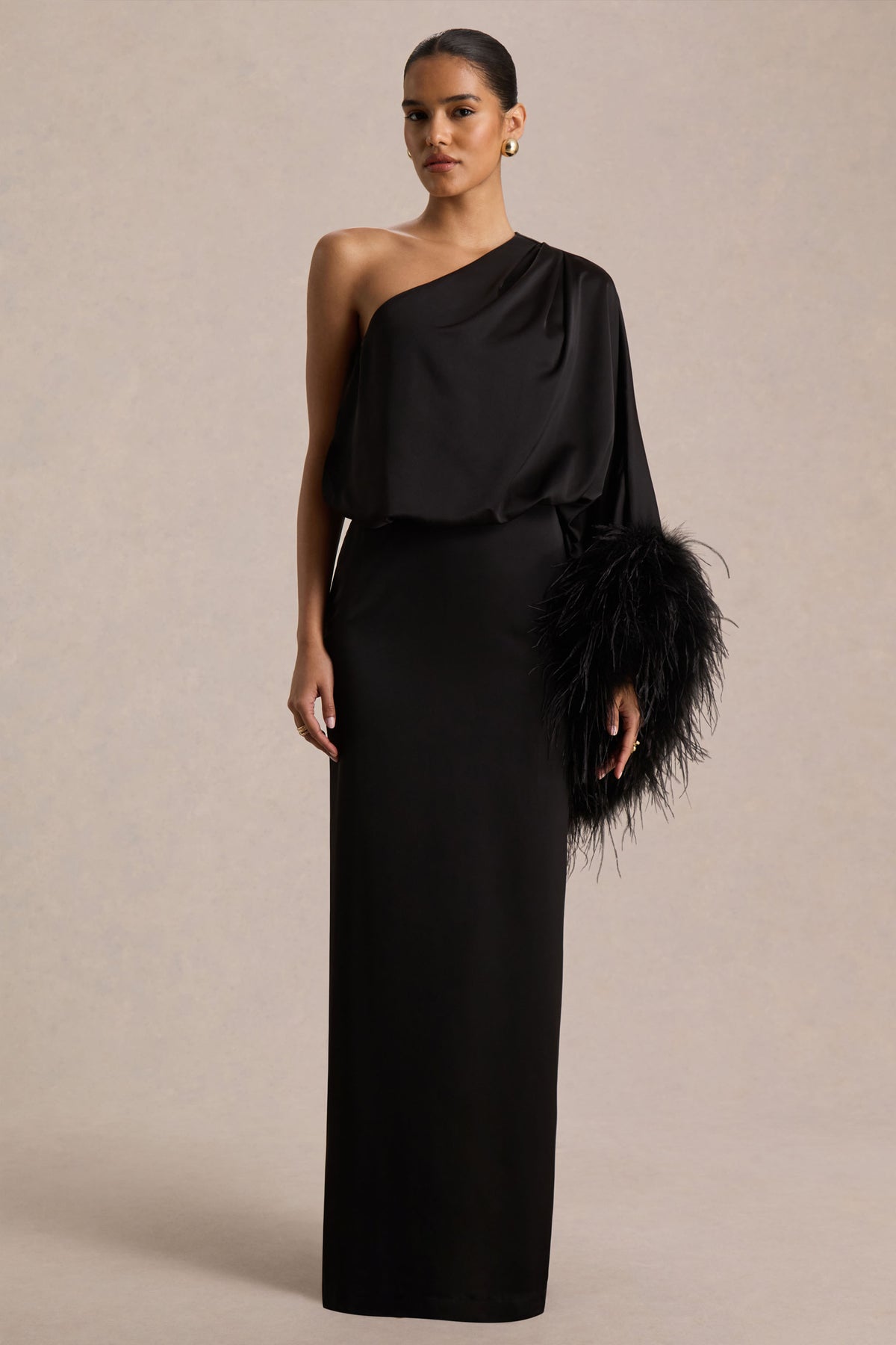 Felicity | Black Satin Asymmetric-Neck Maxi Dress With Feather Detailing - UK 10 Black Felicity | Black Satin Asymmetric-Neck Maxi Dress With Feather Detailing - UK 10 Black
