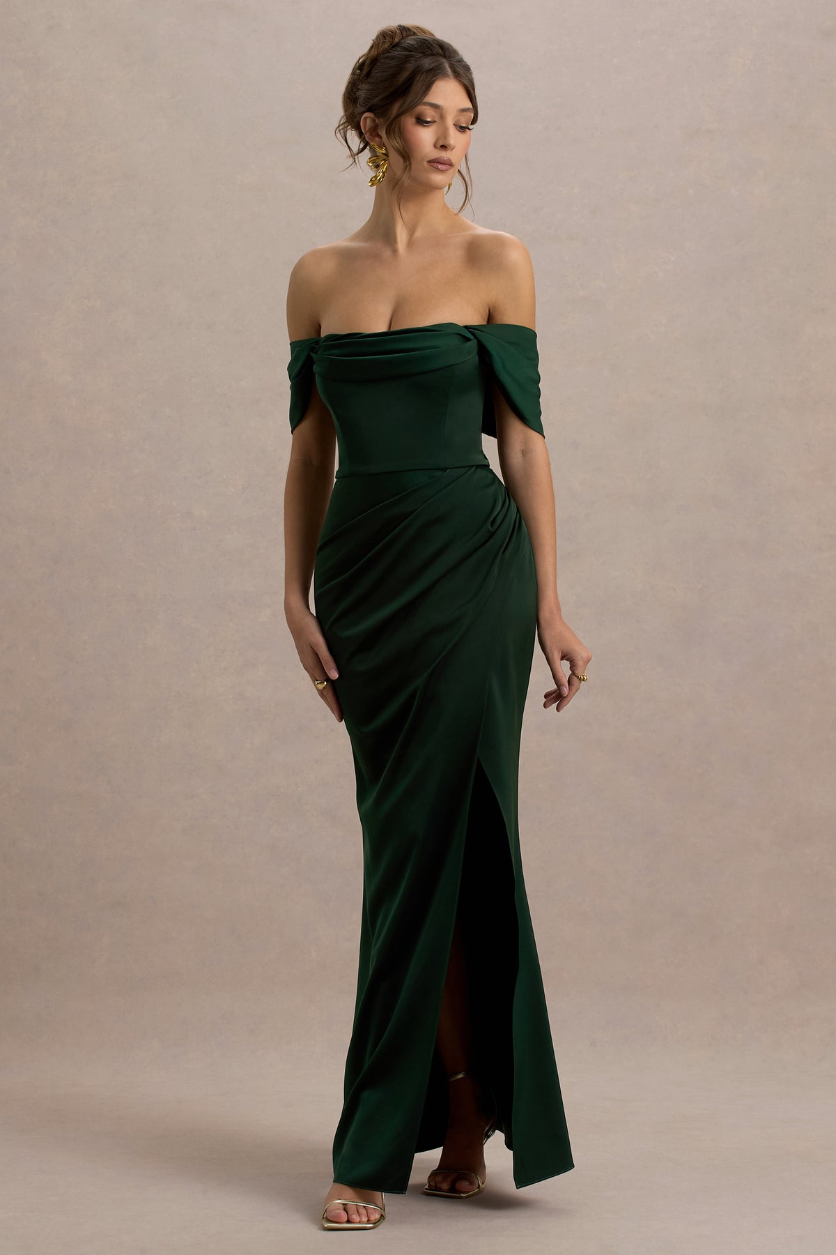 Annie Bottle Green Satin Bardot Maxi Dress With Split Wrap Skirt Club L London - USA Annie Bottle Green Satin Bardot Maxi Dress With Split Wrap Skirt Club L London - USA
