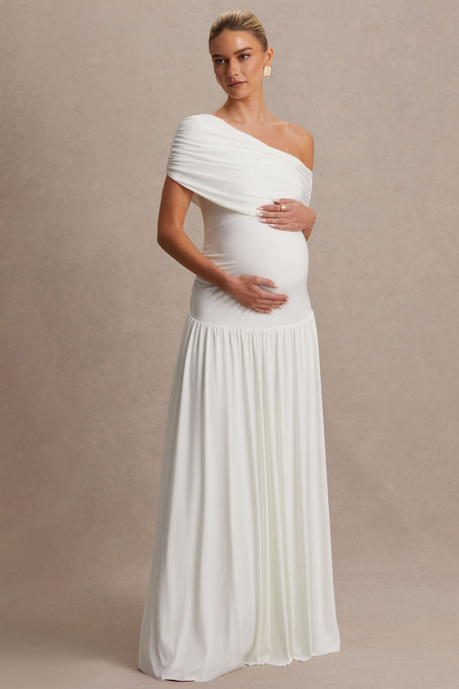 Noah White Asymmetric-Neck Maternity Maxi Dress With Drop-Waist