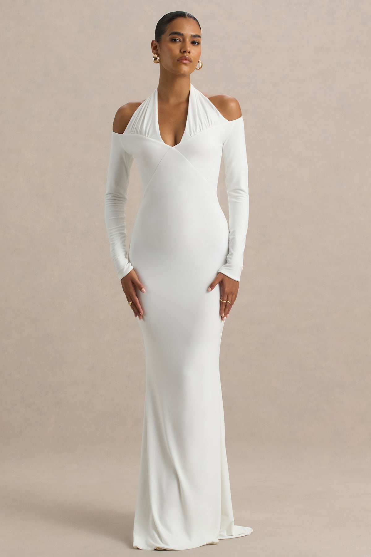 Living High | White Halter-Neck Maxi Dress with Long Sleeves - UK 6 White Living High | White Halter-Neck Maxi Dress with Long Sleeves - UK 6 White