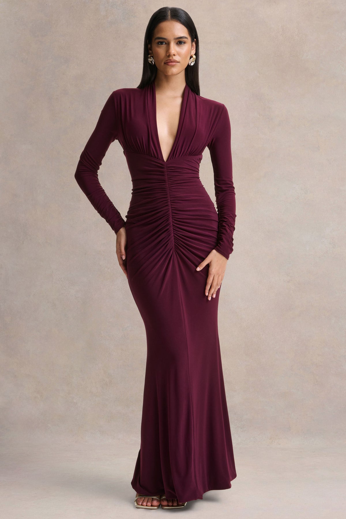 Tami | PLUM Plunge-Neck Long Sleeve Maxi Dress - UK 12 PLUM Tami | PLUM Plunge-Neck Long Sleeve Maxi Dress - UK 12 PLUM