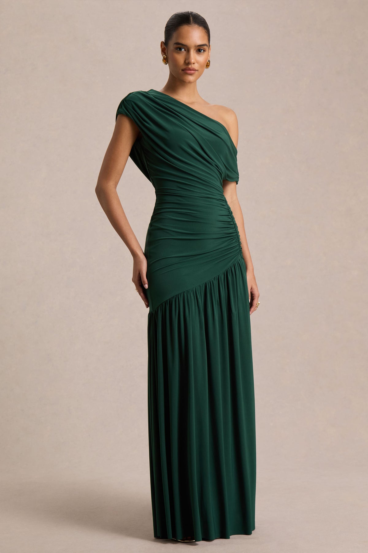 Kady Dark Green Asymmetric-Neck Maxi Dress With Ruched Detailing Club L London - USA Kady Dark Green Asymmetric-Neck Maxi Dress With Ruched Detailing Club L London - USA
