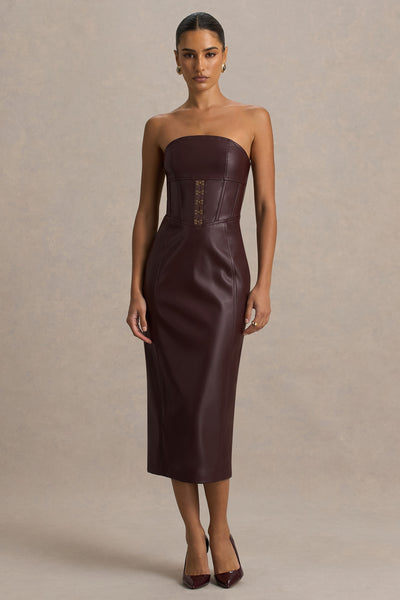 Zola | Burgundy Faux Leather Bandeau Midi Dress – Club L London