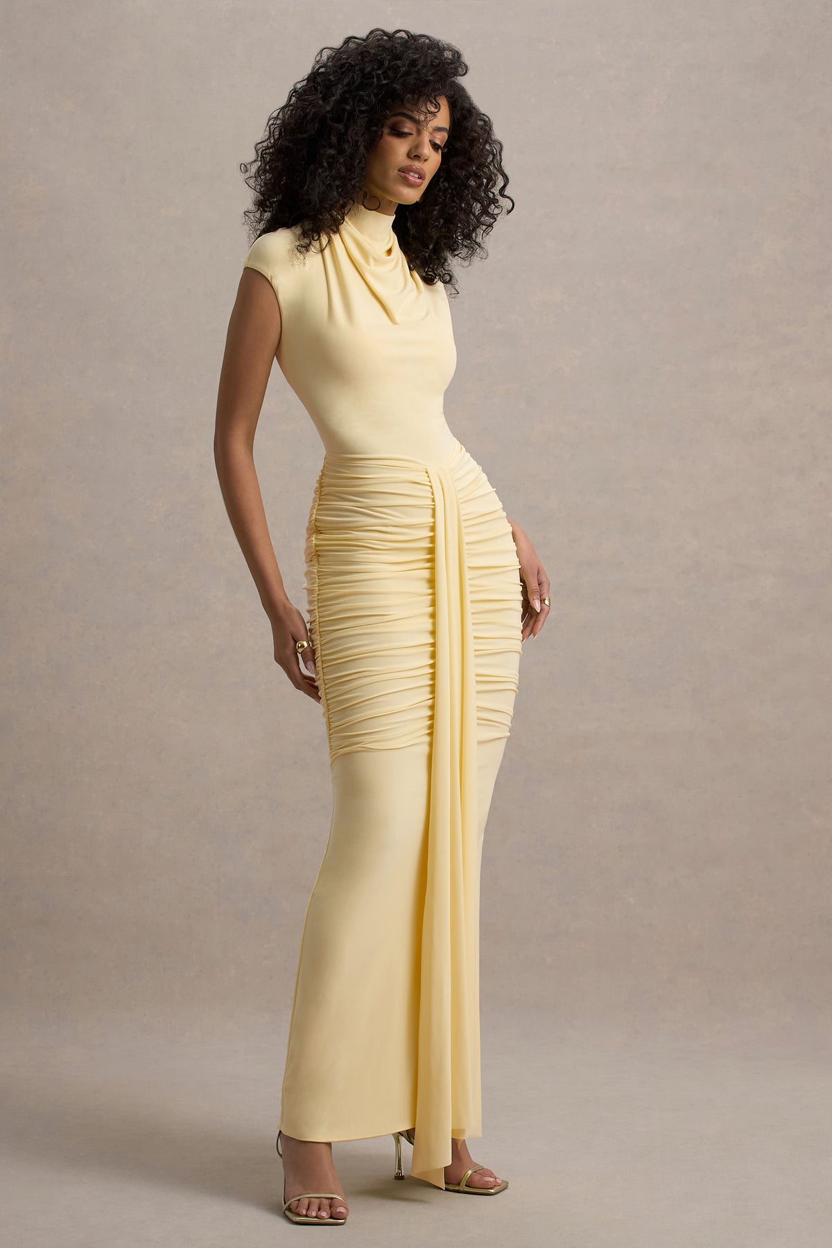 Lorenza Pale Lemon High-Neck Ruched Maxi Dress With Draped Skirt Club L London - USA Lorenza Pale Lemon High-Neck Ruched Maxi Dress With Draped Skirt Club L London - USA