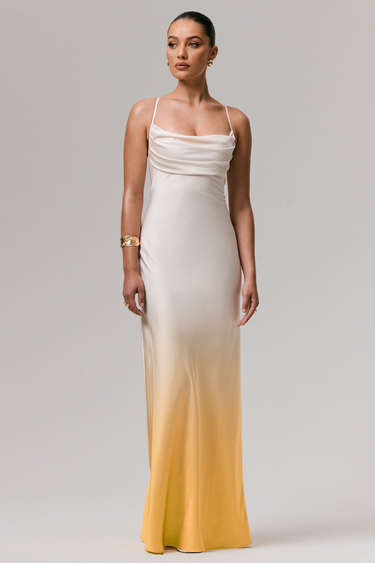 Lucie Yellow Ombre Satin Cowl-Neck Maxi Dress Club L London - USA Lucie Yellow Ombre Satin Cowl-Neck Maxi Dress Club L London - USA