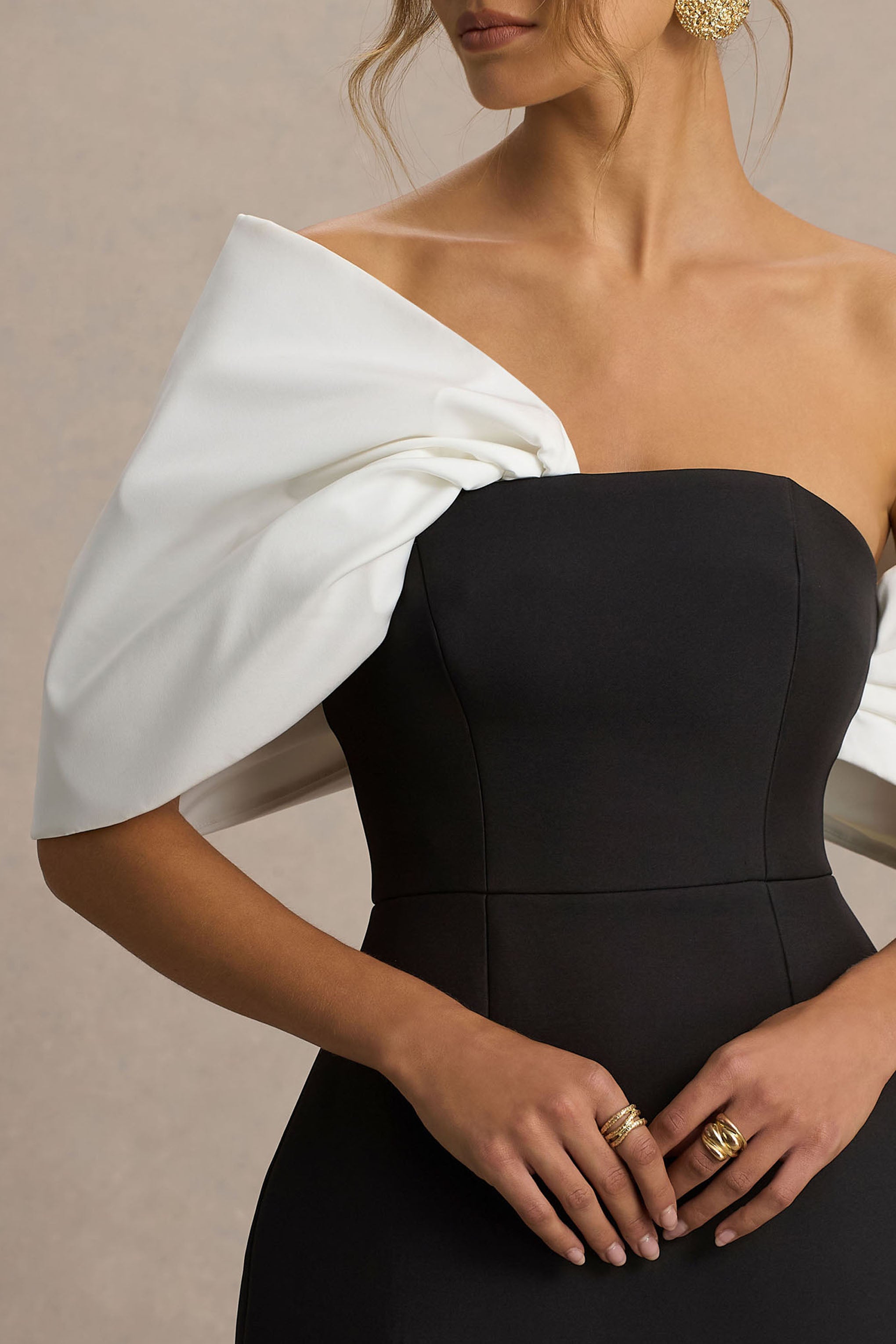 Tindra | Black And White Satin Bandeau-Neck Mini Dress With Bow