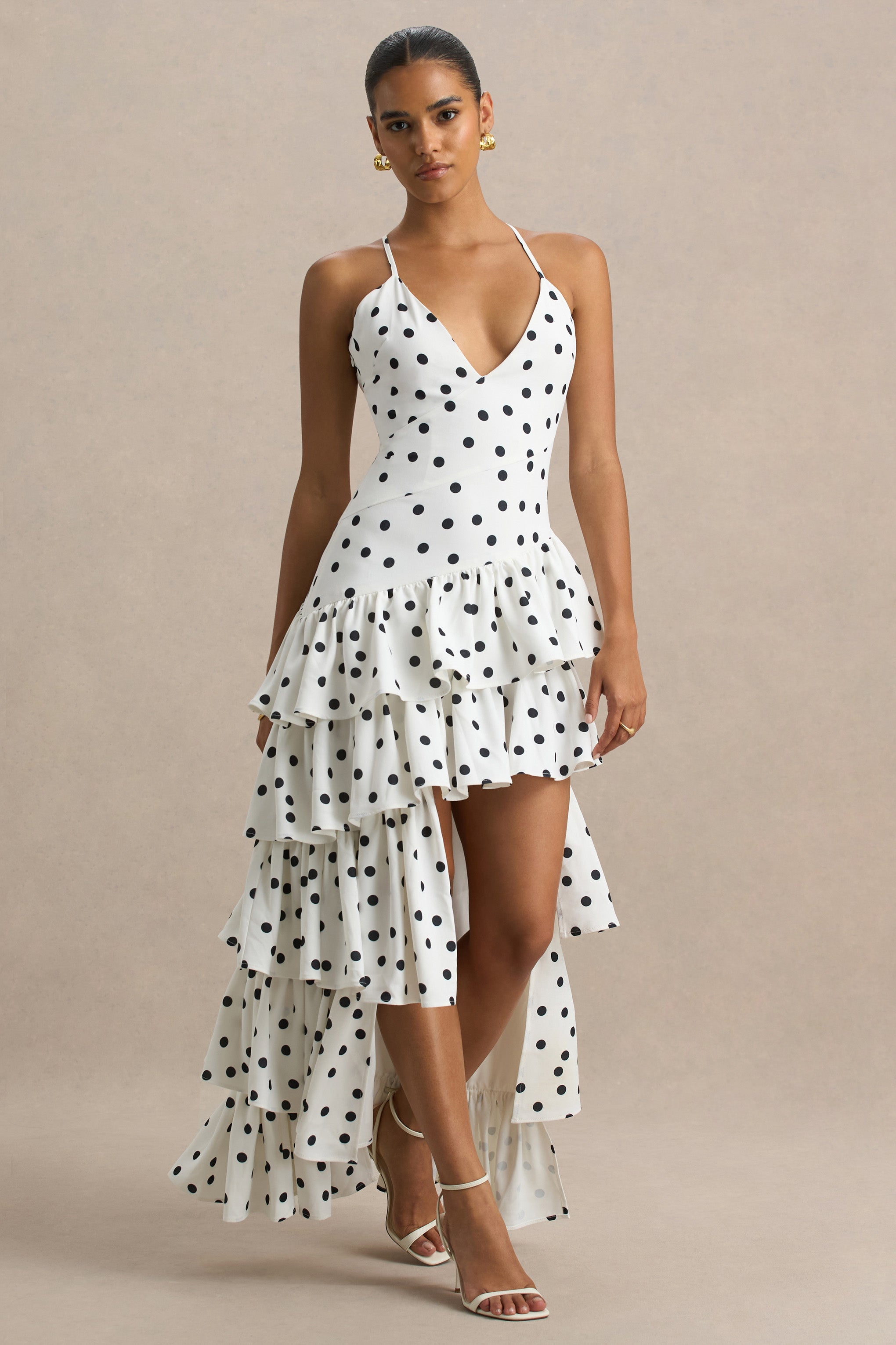 Bogota | Polka Dot Plunge-Neck Maxi Dress With Ruffling Details