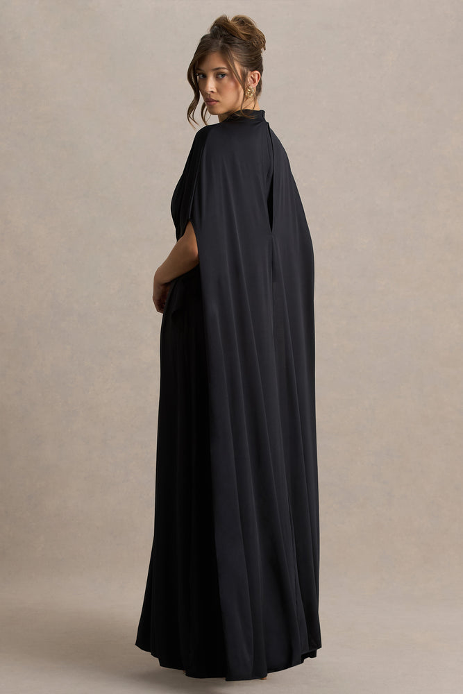 Olessia Black Belted Gathered Cape-Sleeve Maxi Dress – Club L