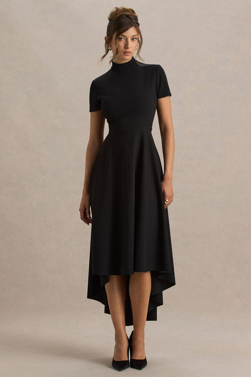 Bellona Black High-Neck High-Low Midi Dress – Club L London