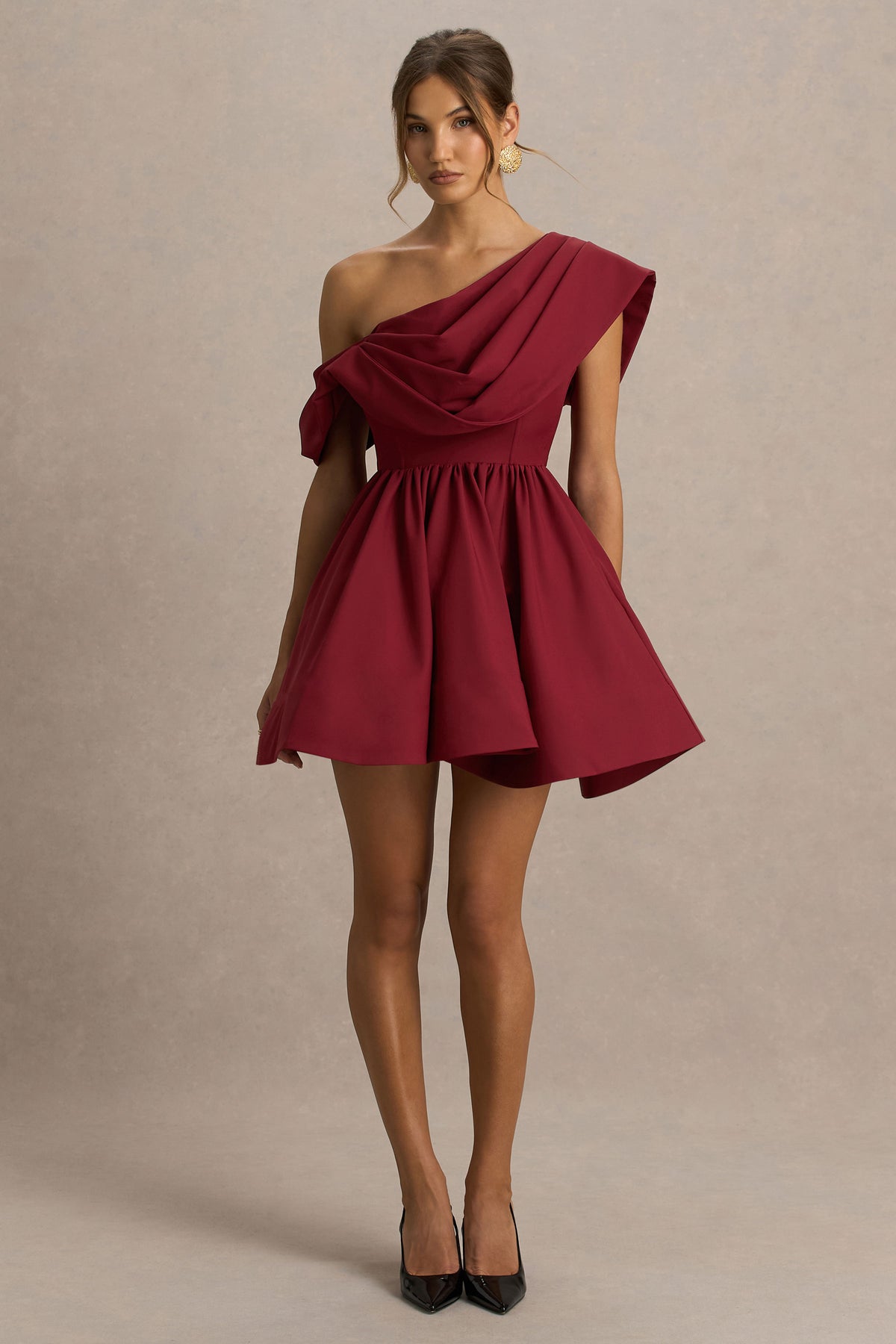 Verona Burgundy Draped Asymmetric-Neck Skater Mini Dress Club L London - USA Verona Burgundy Draped Asymmetric-Neck Skater Mini Dress Club L London - USA