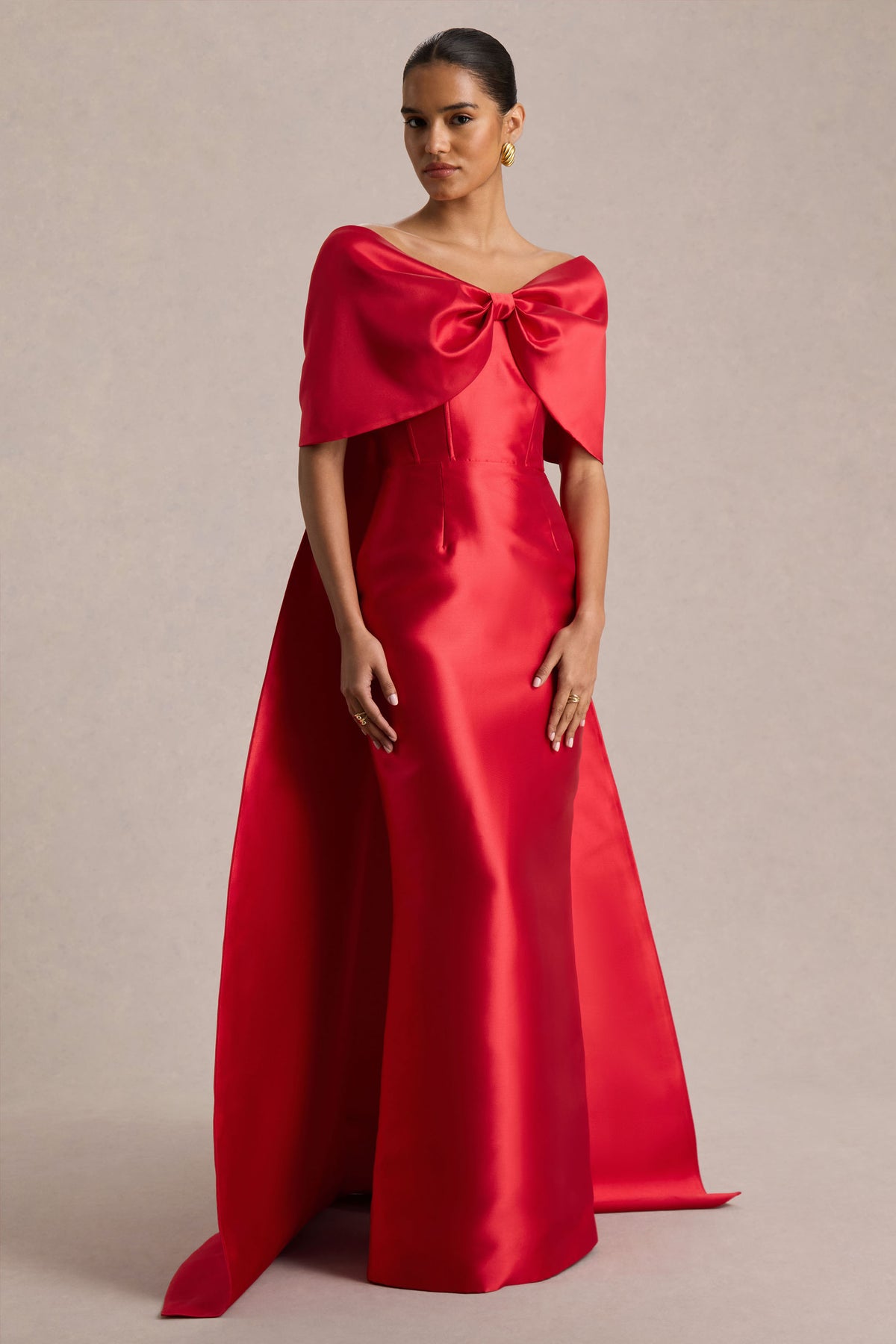 Wanting More | Red Satin Cape Maxi Dress with Oversized Bow - UK 16 Red Wanting More | Red Satin Cape Maxi Dress with Oversized Bow - UK 16 Red