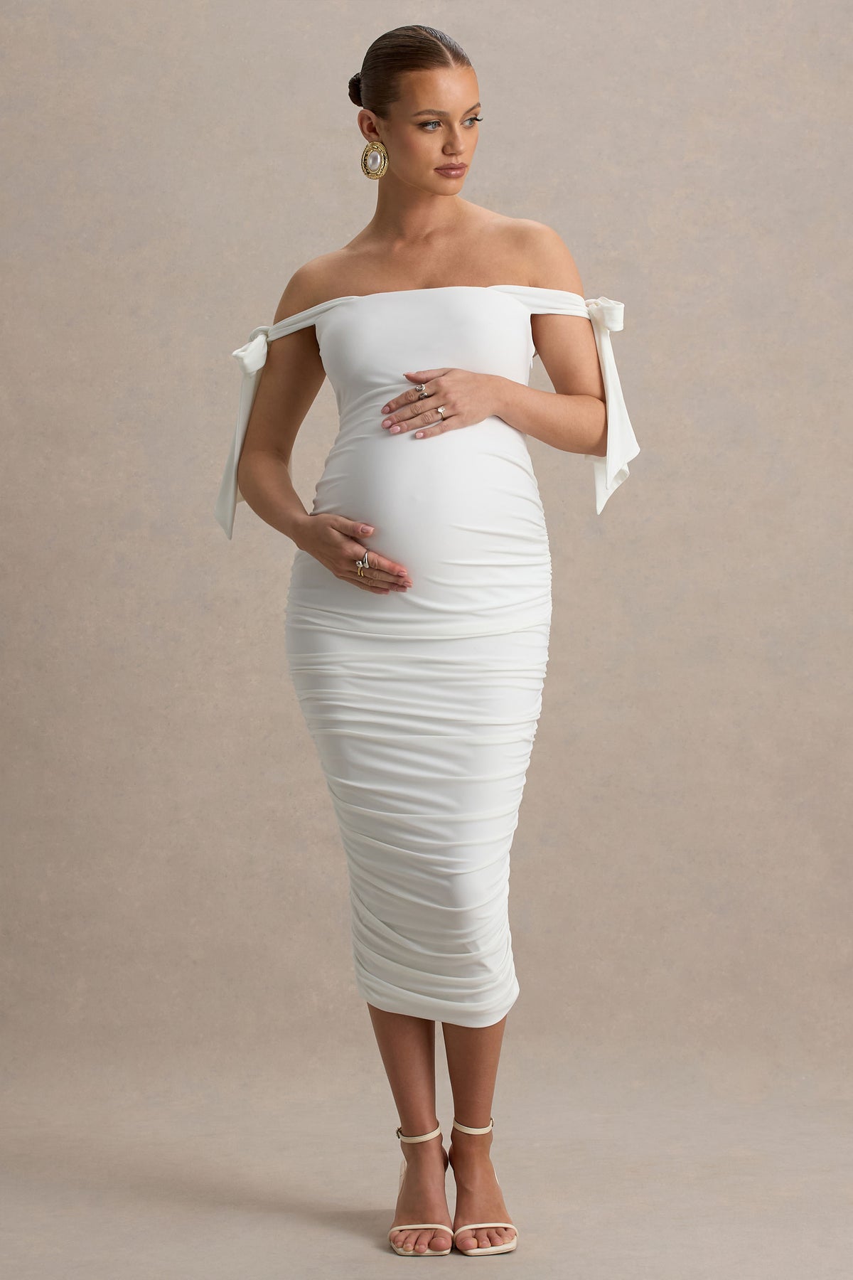 Chandelier White Bardot Maternity Midi Dress With Bow Details Club L London - USA Chandelier White Bardot Maternity Midi Dress With Bow Details Club L London - USA