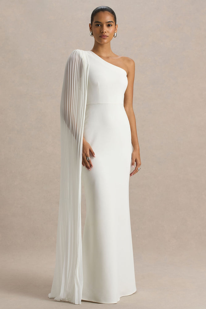 Athens White Asymmetric-Neck Maxi Dress With Cape Sleeve Detail