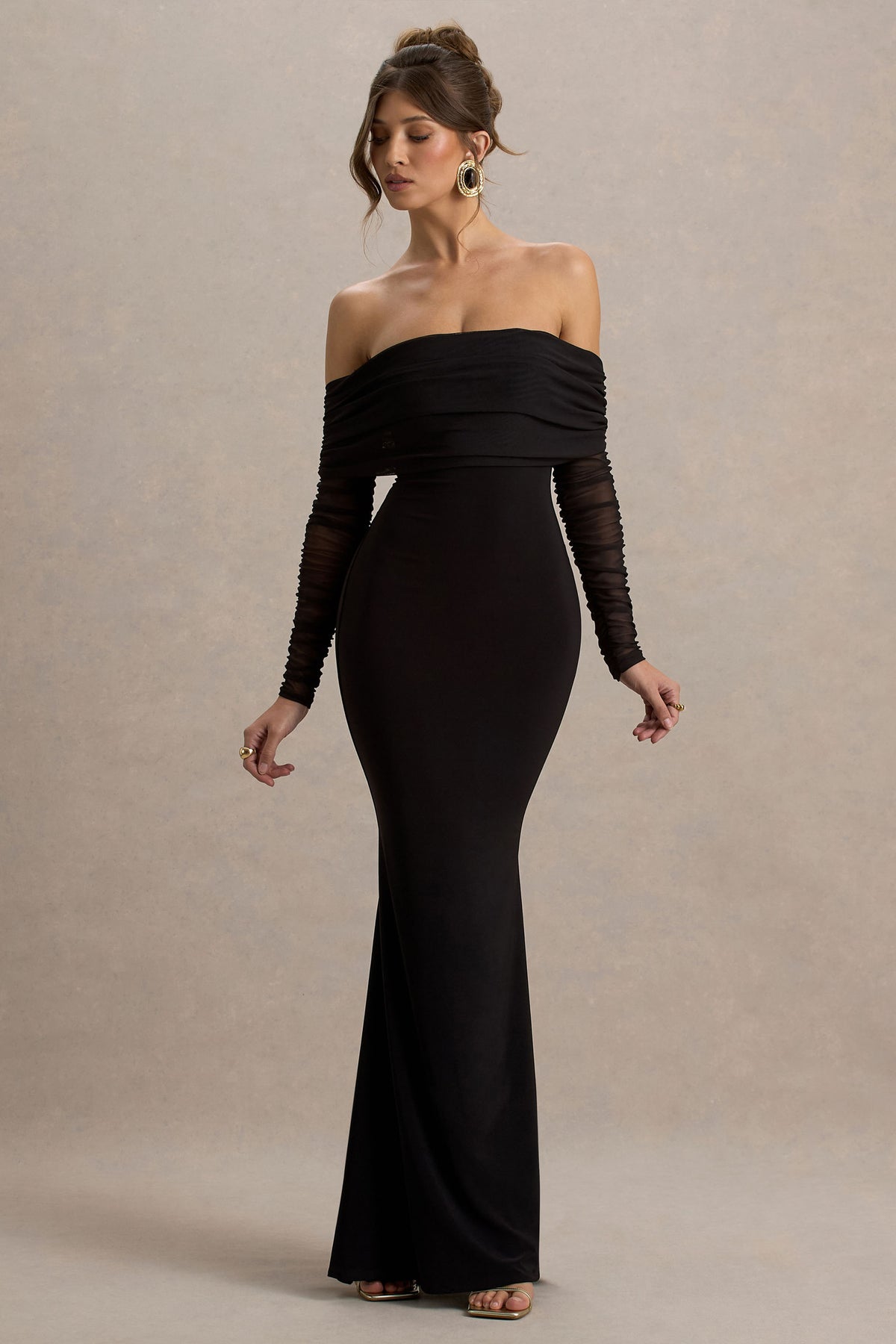 Madeleine Black Fishtail Maxi Dress With Bardot Mesh Long Sleeves Club L London - USA Madeleine Black Fishtail Maxi Dress With Bardot Mesh Long Sleeves Club L London - USA