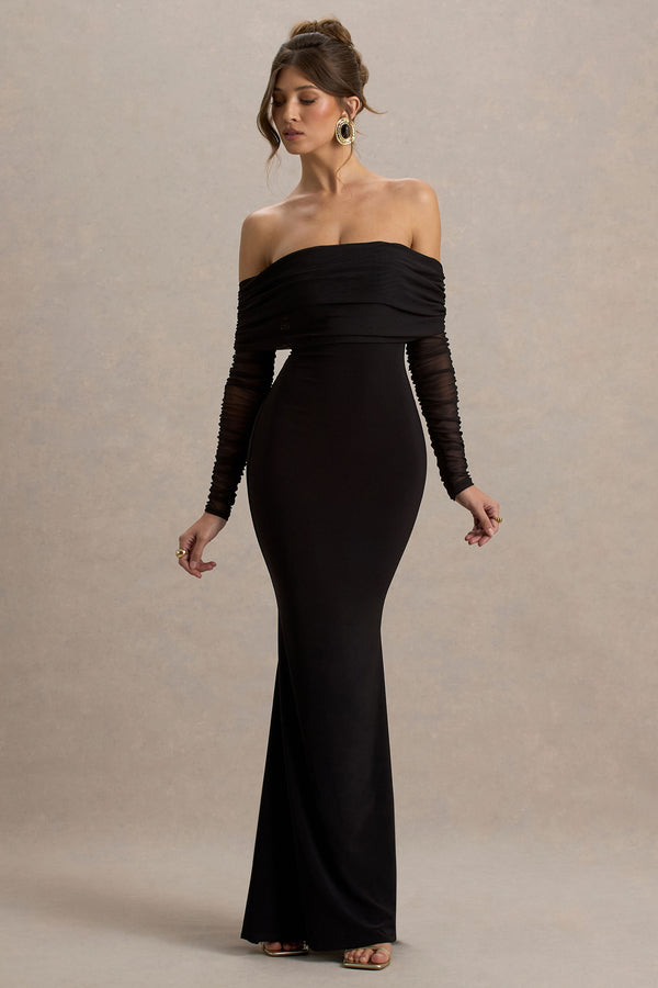off the shoulder fishtail maxi dress Madeleine | Black Fishtail Maxi Dress With Bardot Mesh Long Sleeves