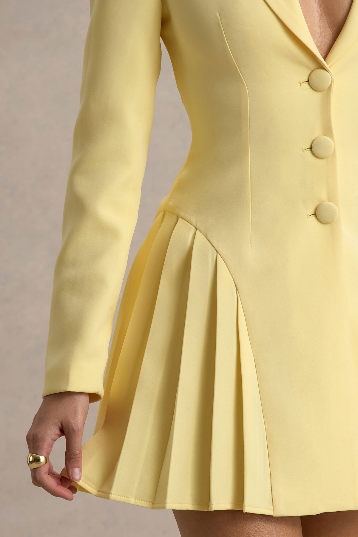 Blossoming | Lemon Plunge-Neck Tailored Mini Dress With Pleating - UK 8 Lemon Blossoming | Lemon Plunge-Neck Tailored Mini Dress With Pleating - UK 8 Lemon