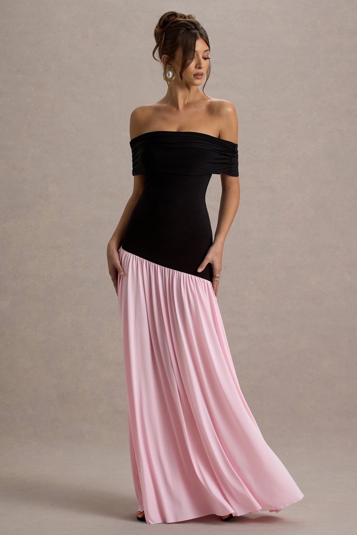 Venezia Black & Pink Bardot Maxi Dress With Drop-Waist Club L London - USA Venezia Black & Pink Bardot Maxi Dress With Drop-Waist Club L London - USA