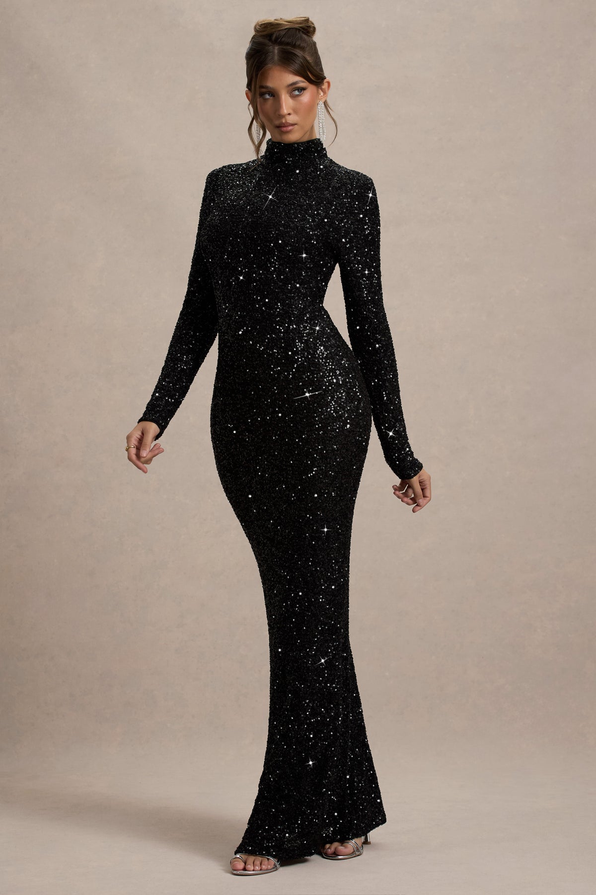 Galaxy | Black Sequin Turtle-Neck Long-Sleeve Maxi Dress - UK 16 Black Galaxy | Black Sequin Turtle-Neck Long-Sleeve Maxi Dress - UK 16 Black