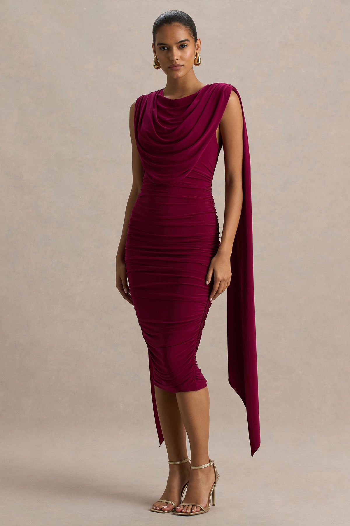 Wanderer | Burgundy Crew-Neck Midi Dress With Draped and Ruched Detailing - UK 8 Burgundy Wanderer | Burgundy Crew-Neck Midi Dress With Draped and Ruched Detailing - UK 8 Burgundy
