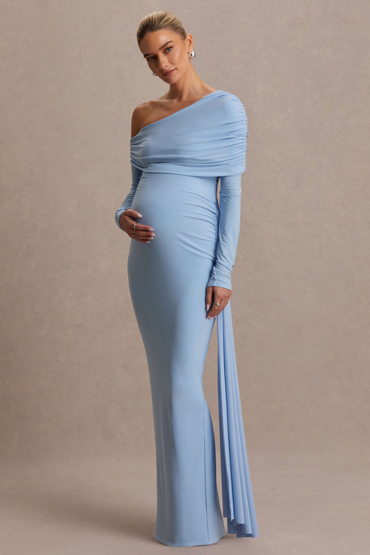 Amara | Powder Blue Asymmetric-Neck Maternity Maxi Dress With Sash Detail - UK 12 Light Blue Amara | Powder Blue Asymmetric-Neck Maternity Maxi Dress With Sash Detail - UK 12 Light Blue