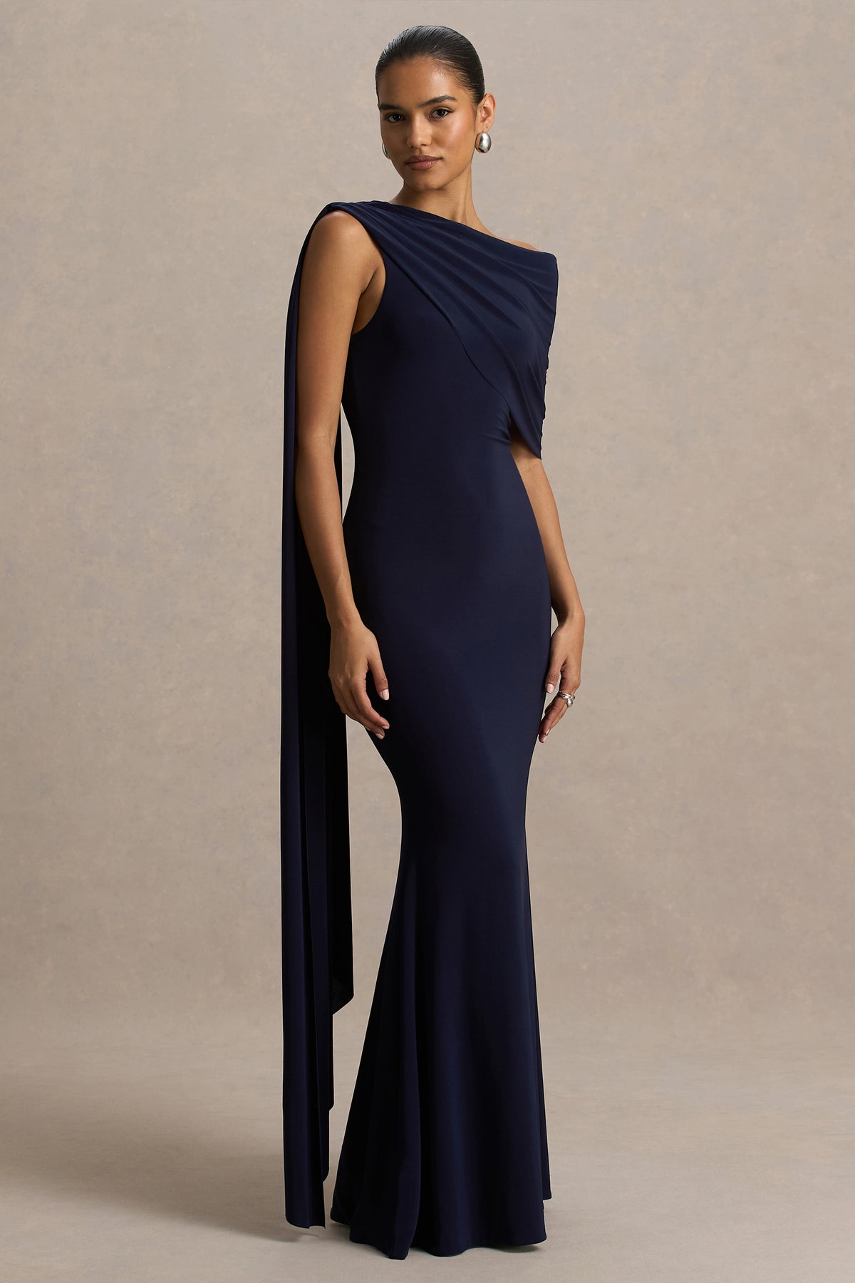 Tiana Navy Asymmetric-Neck Maxi Dress With Drape-Detail Club L London - USA Tiana Navy Asymmetric-Neck Maxi Dress With Drape-Detail Club L London - USA