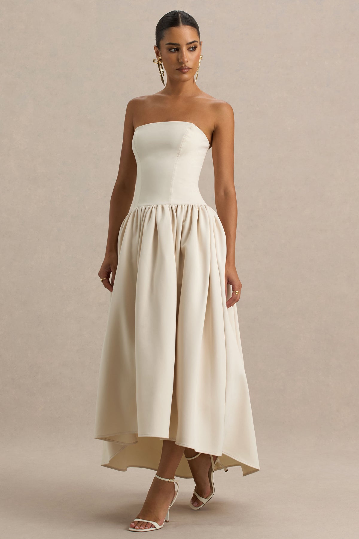 Candice Cream Bandeau Volume Midi Dress With Back Bow Detail Club L London - USA Candice Cream Bandeau Volume Midi Dress With Back Bow Detail Club L London - USA