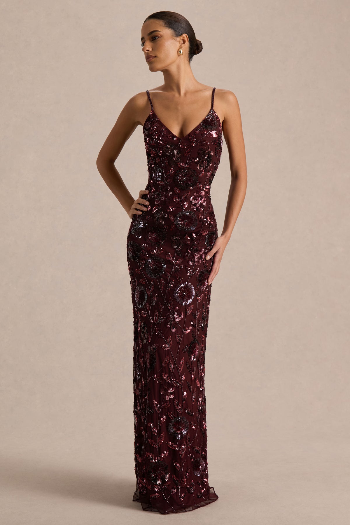 Gemini | Burgundy Floral Sequin Embellished Strappy Maxi Dress - UK 8 Burgundy Gemini | Burgundy Floral Sequin Embellished Strappy Maxi Dress - UK 8 Burgundy