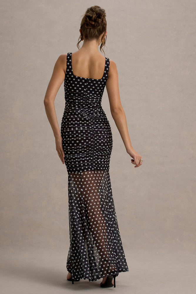 Galaxia Black White Polka Dot Maxi Dress With Mesh Skirt – Club