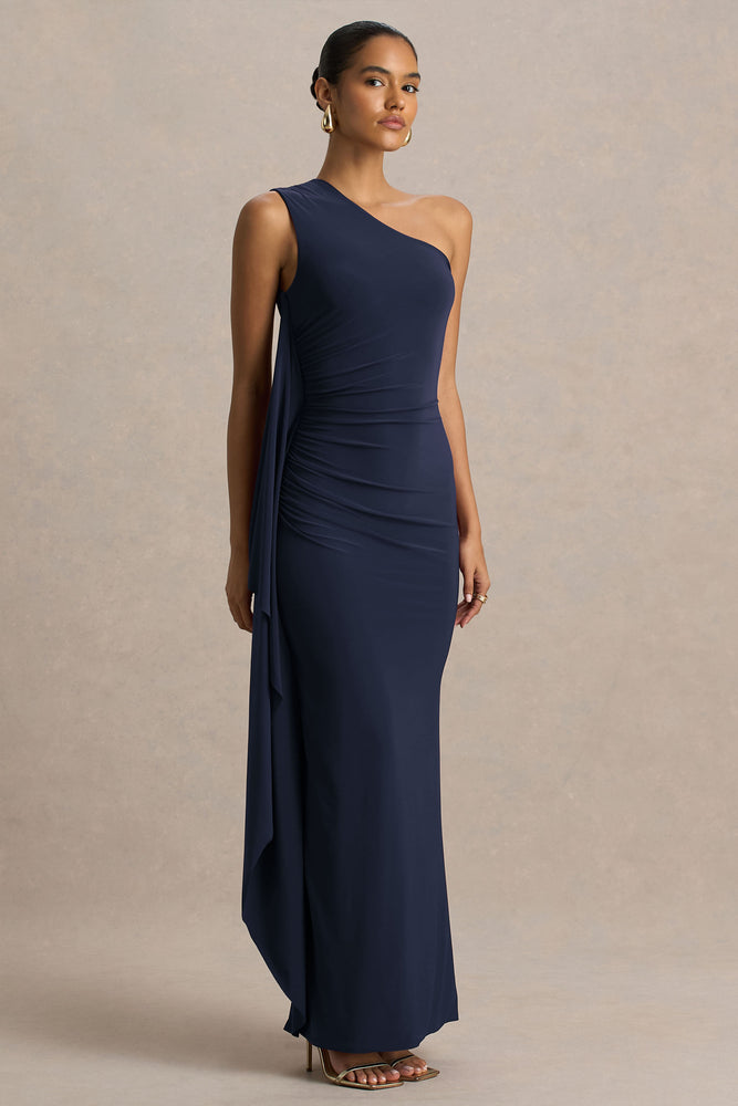 Adelina Navy One-Shoulder Maxi Dress With Drape – Club L London Adelina Navy One-Shoulder Maxi Dress With Drape – Club L London