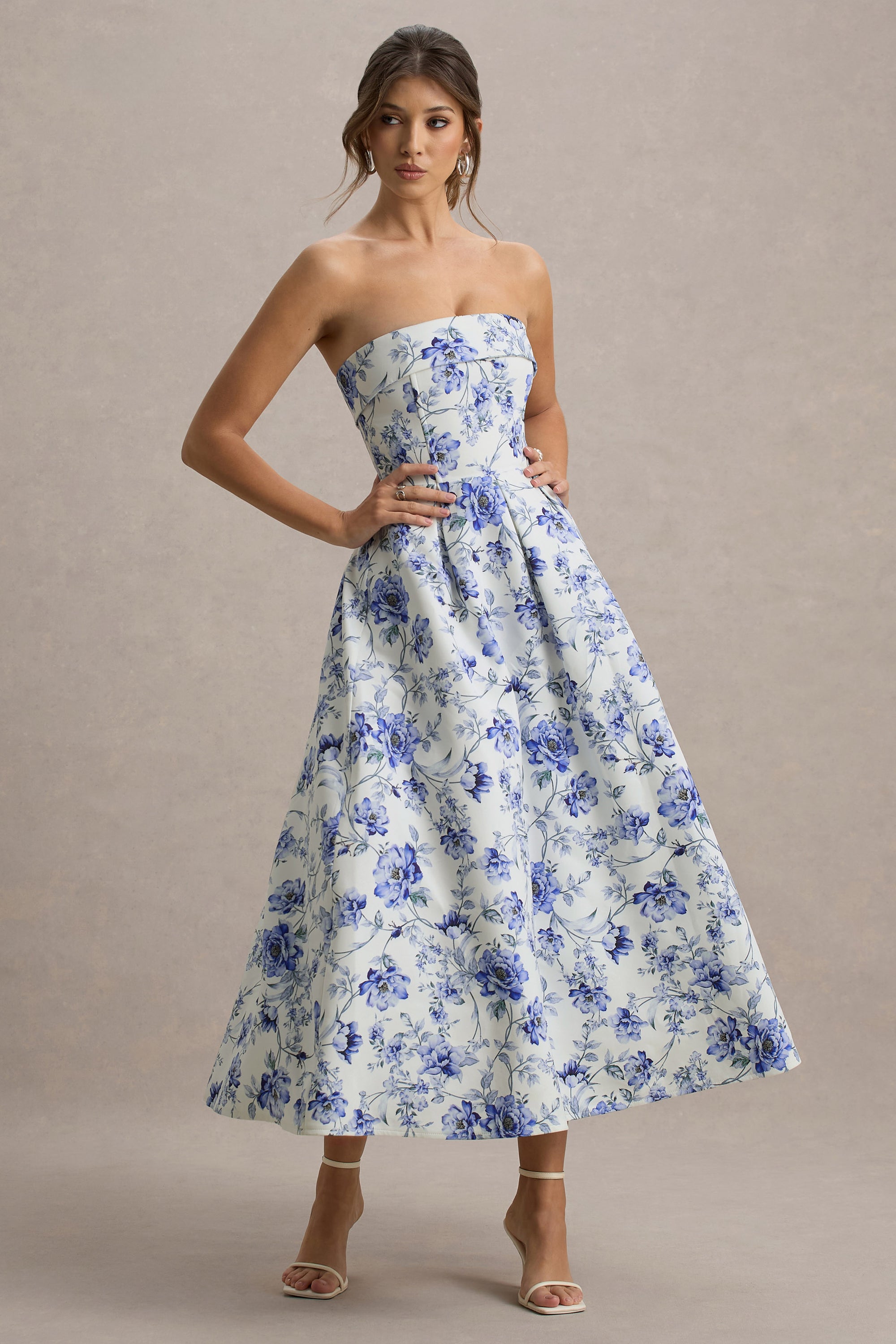 Annalise | Blue Porcelain Print Bandeau Skater Midi Dress – Club L London