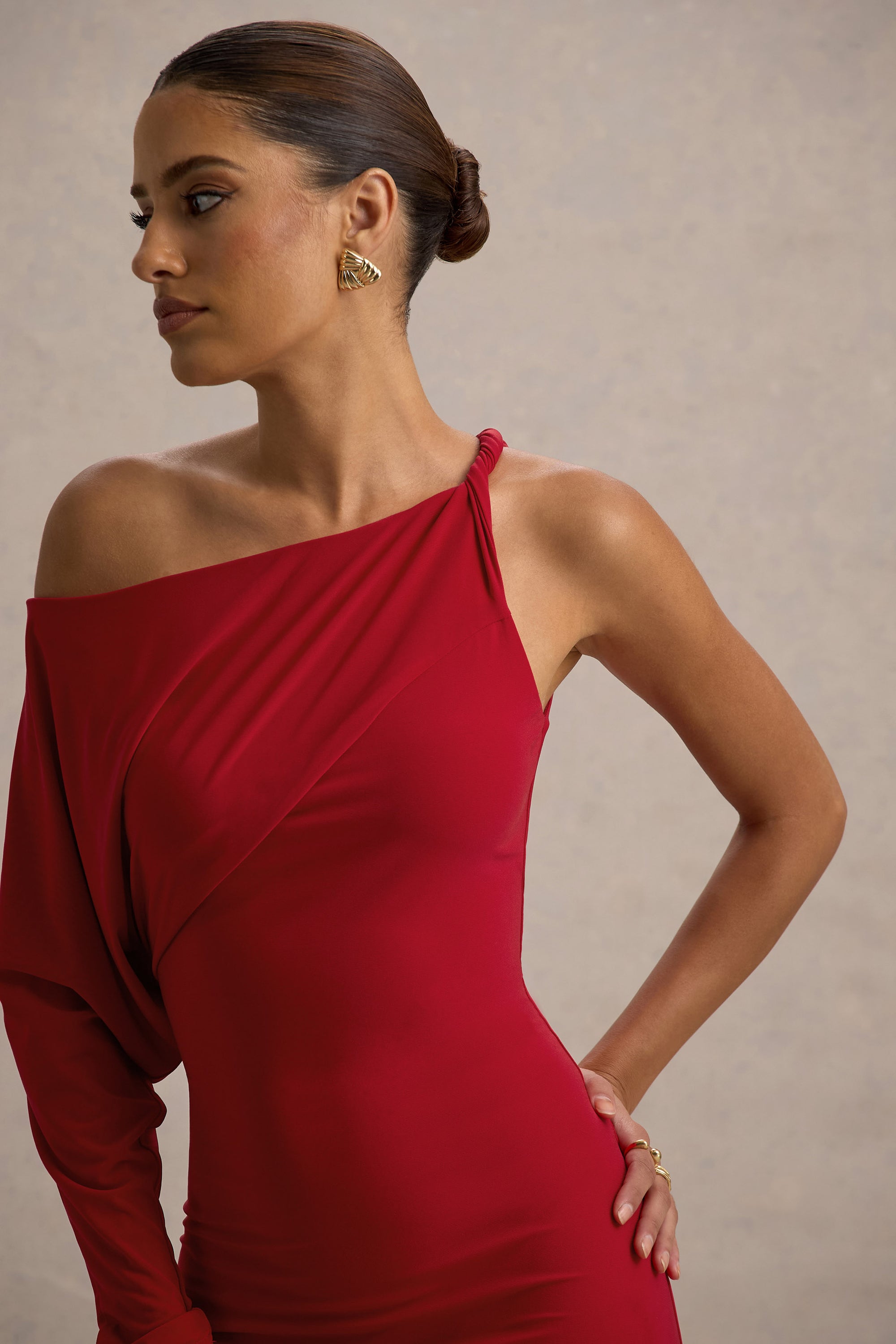 club l red maxi dress Amaria | RED High-Neck Maxi Dress With Sash-Detail
