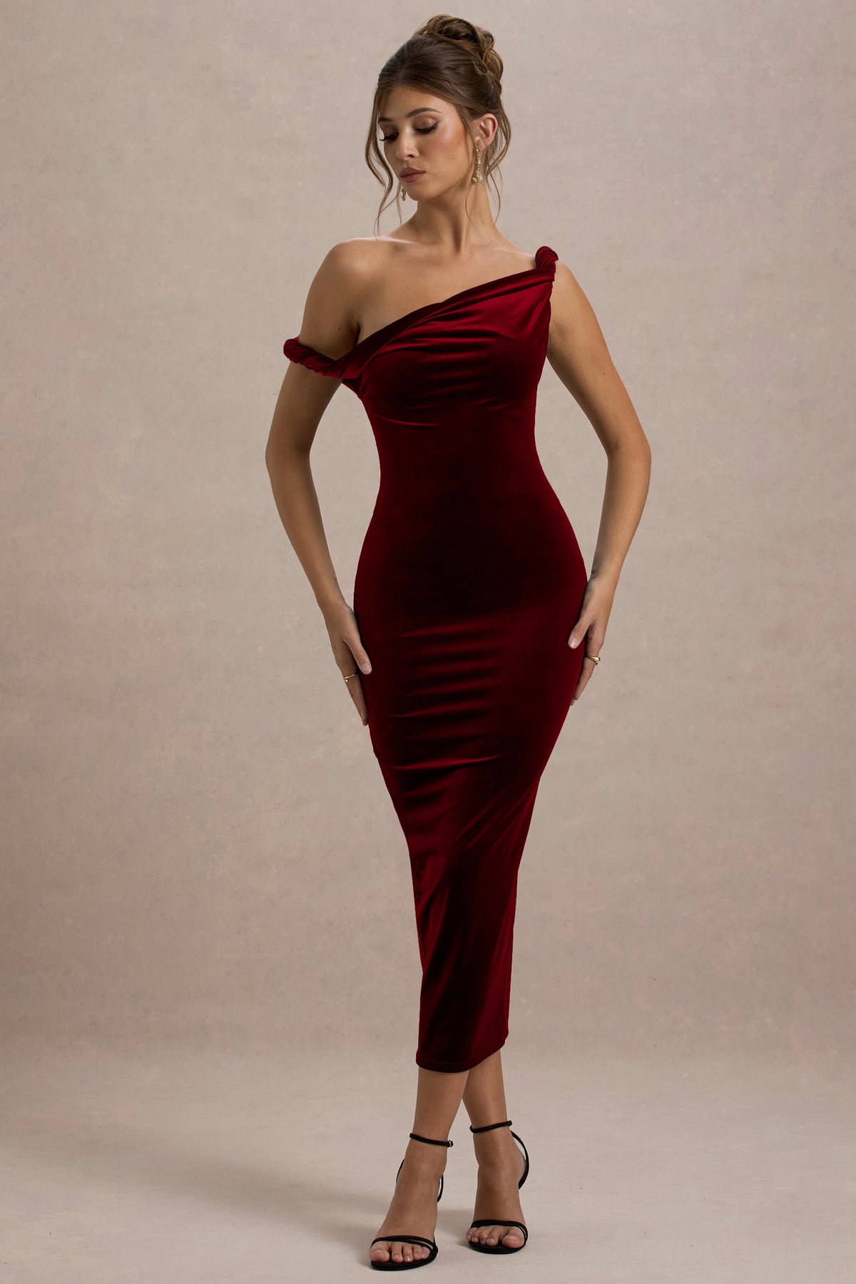 Carella Berry Velvet Twisted Asymmetric Midi Dress Club L London - USA Carella Berry Velvet Twisted Asymmetric Midi Dress Club L London - USA