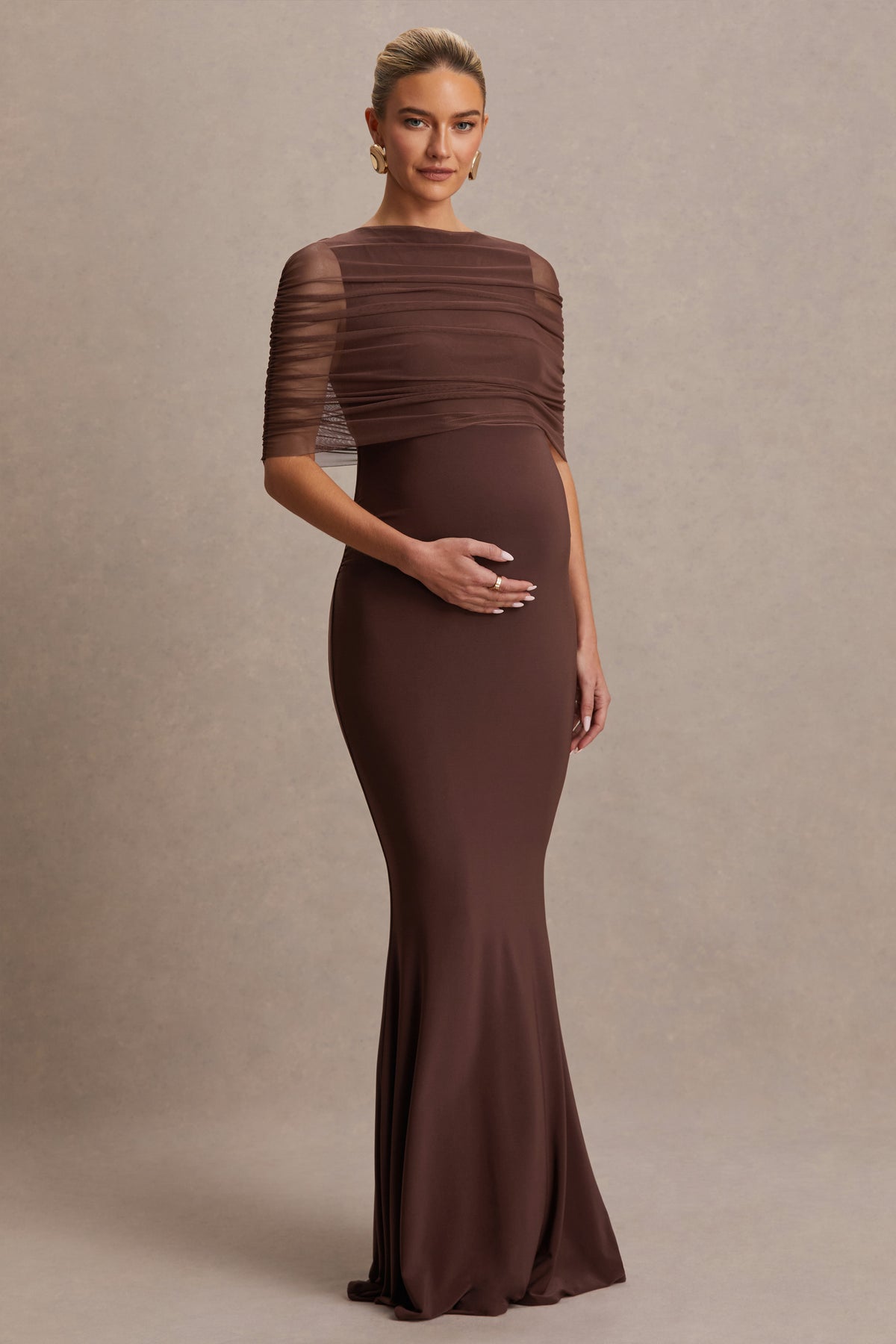 Zaria Brown Crew-Neck Maternity Maxi Dress With Cape-Overlay Club L London - USA Zaria Brown Crew-Neck Maternity Maxi Dress With Cape-Overlay Club L London - USA
