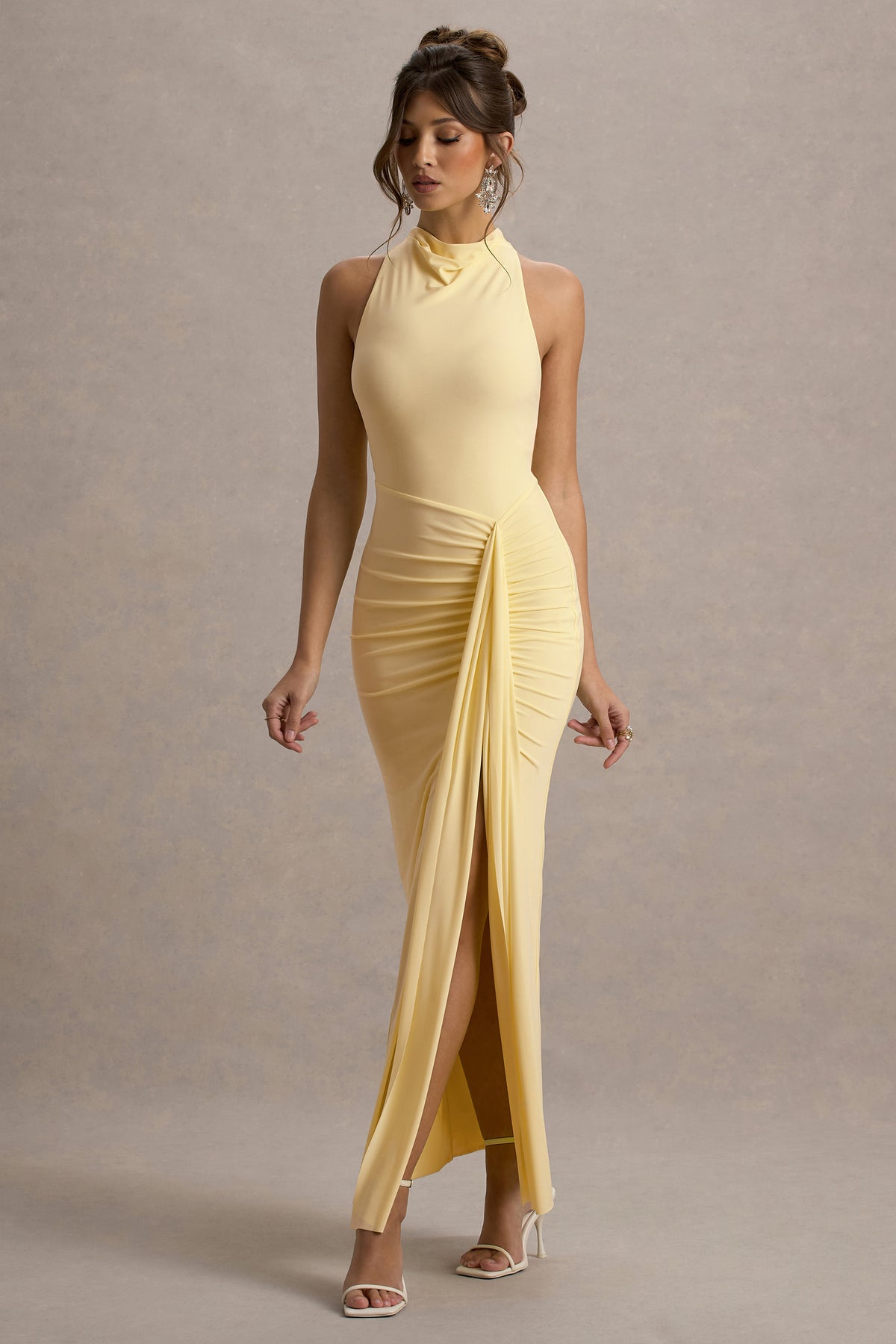 Sunflower | Lemon Ruched High-Neck Split Maxi Dress