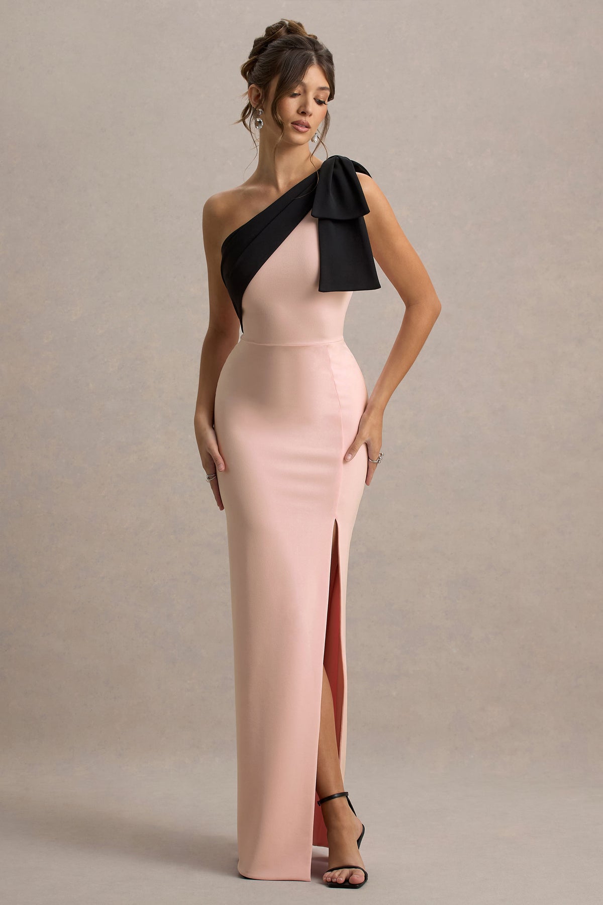 Kiri Pink & Black One-Shoulder Bow Maxi Dress – Club L
